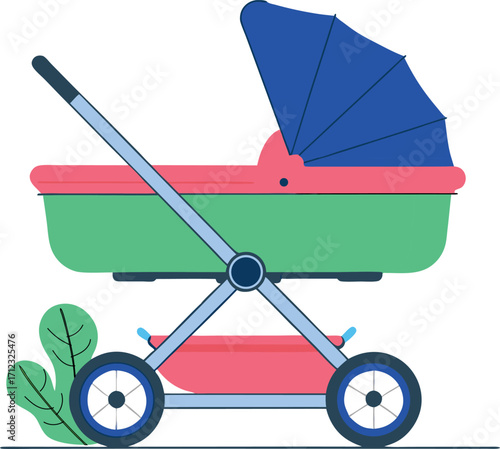 A baby stroller or pram with a pink and green bassinet and a blue canopy, representing baby products and parenting