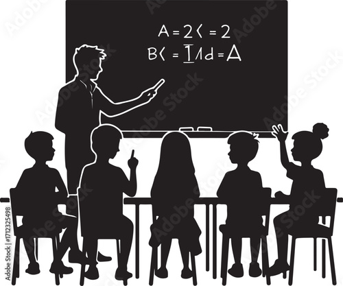 Teacher Instructing Students in a Classroom Silhouette Keywords: teacher, students, classroom, education, learning, blackboard, chalk, pointing, sitting, desks, chairs, children, school, lesson
