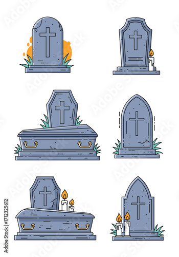 A collection of spooky and ominous pixel art tombstone illustrations for Halloween celebrations.
