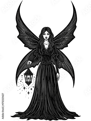 Dark Fairy Lantern Enchanted Gothic Fantasy Art with Winged Silhouette