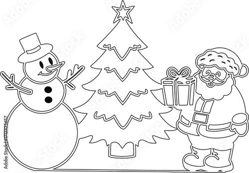Festive Winter Scene Featuring a Snowman Christmas Tree and Santa Claus Ready to Spread Holiday Cheer with a Gift