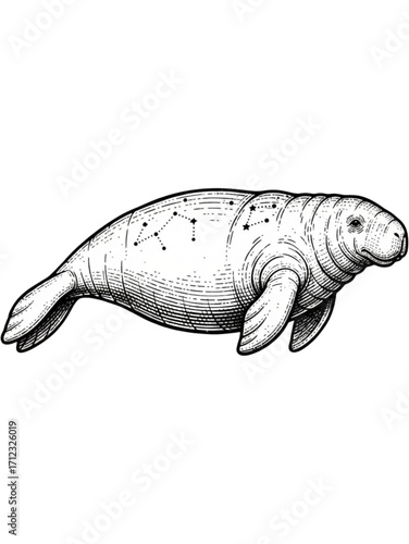 Intricate line art illustration of a gentle manatee, its peaceful form embellished with celestial star constellations, a unique blend of marine and cosmic harmony