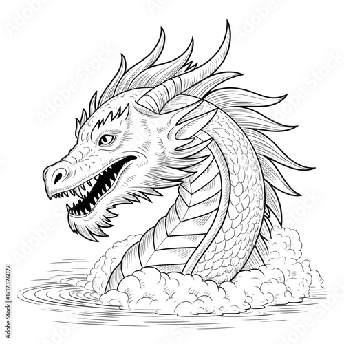 Fierce Dragon Head with Water and Clouds - Mythical Creature Illustration for Fantasy Art Coloring page