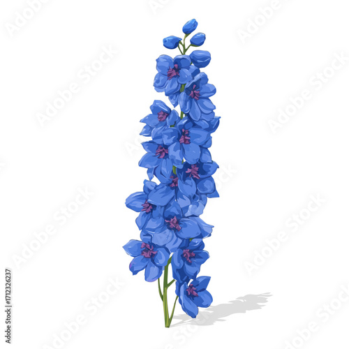 2D flat vector graphic of a Delphinium in icon style, isolated on white background