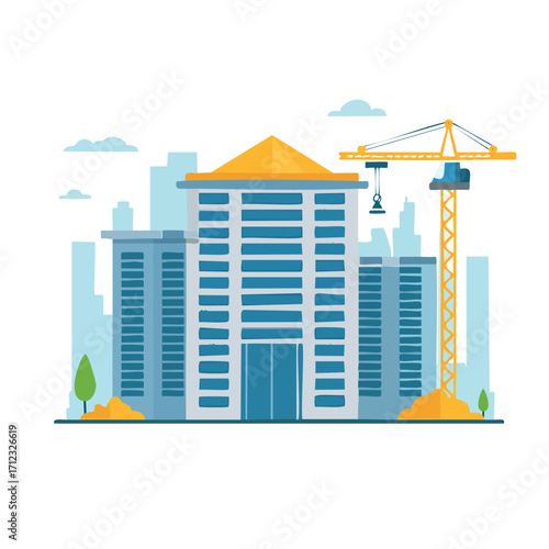 Modern building under construction with a crane, set against a city skyline, depicted in a flat, vector style.