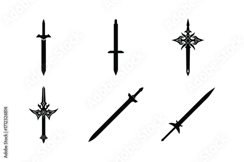 sacred sword bundle set linocut style silhouette vector illustration on white background