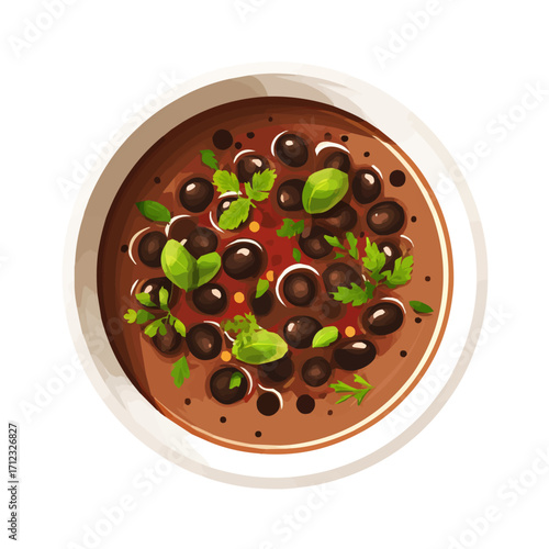 Minimal 2D flat vector of a Black Bean Soup, icon-style illustration on a white background