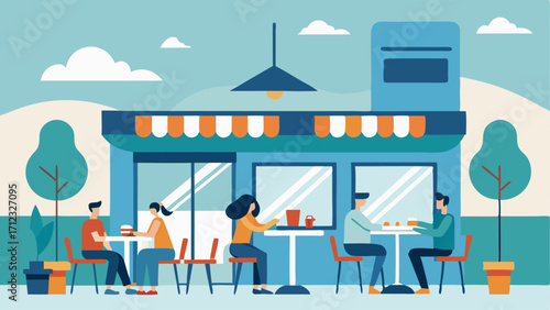 A cafe with modern decor and plenty of seating options for travelers to grab a quick bite to eat.
