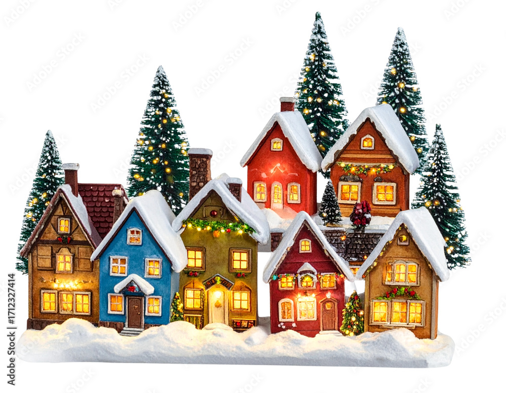 Fototapeta premium Snowy Christmas Village with Colorful Houses and Pine Trees, Festive Winter Scene, isolated on transparent background PNG