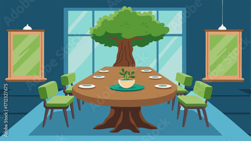 A dining room featuring a large tree trunk table with a living moss centerpiece.
