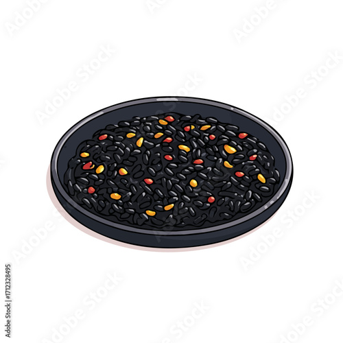 2D flat vector graphic of a Risotto Nero in icon style, isolated on white background