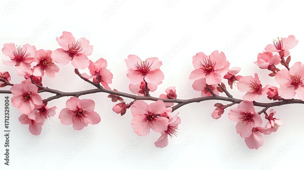 Fototapeta premium Delicate pink cherry blossoms blooming on brown branch against white background, spring flowering sakura branch in horizontal composition, isolated botanical element.