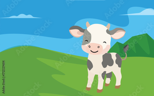 Cheerful calf standing in a green field under a blue sky. Playful farm animal illustration perfect for children’s books, educational materials, dairy product packaging, and kid-friendly designs.
