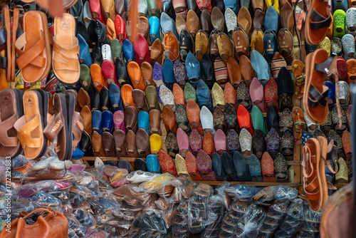 Traditional Moroccan slippers at souk market