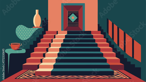 A dramatic staircase with a plush runner adorned with an intricate pattern and a collection of mismatched rugs layered on the steps.