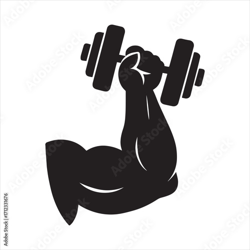 Vector hand silhouette of muscle arm bicep with gym dumble. powerful and strong man.