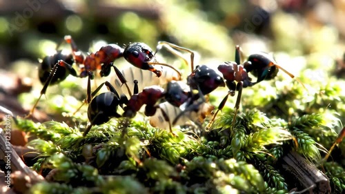 Macro Footage of Forest Ants Tending to an Aphid on Moss.