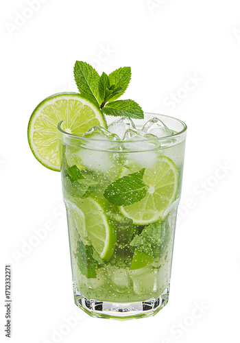 A refreshing mojito cocktail with lime slices, mint leaves, and ice in a tall glass. The drink looks cool and inviting, perfect for a hot day