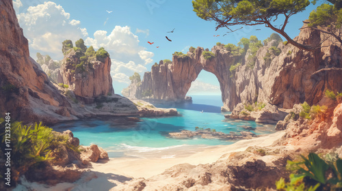 A cinematic ultra-detailed travel scene of a deserted beach cove framed by dramatic cliffs