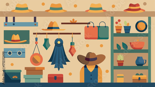 A wall filled with shelves and hooks holds an assortment of unique hats scarves and jewelry adding to the bohemian vibe of the space.