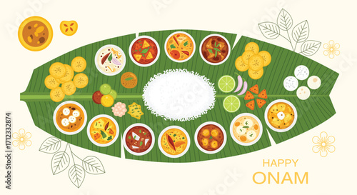 Overhead view of a traditional Onam Sadhya meal served on a banana leaf, featuring rice, curries, and side dishes.