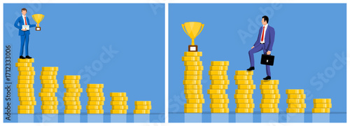 Man standing on stack of coin with trophy, and another man climbing up coin stack to trophy. Business success, achievement.