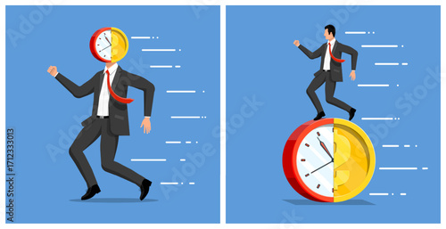 Man with clock head running and another man running on a clock coin. Time management and business efficiency concept. Investment, financial growth, deadline work.