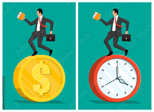 Businessman with brief case and folder running on dollar coin and clock. Concept of time and money in business.