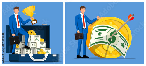 Man in suit with trophy on money in briefcase and man with arrow in dollar. Business success, achievement, and financial goal concept.