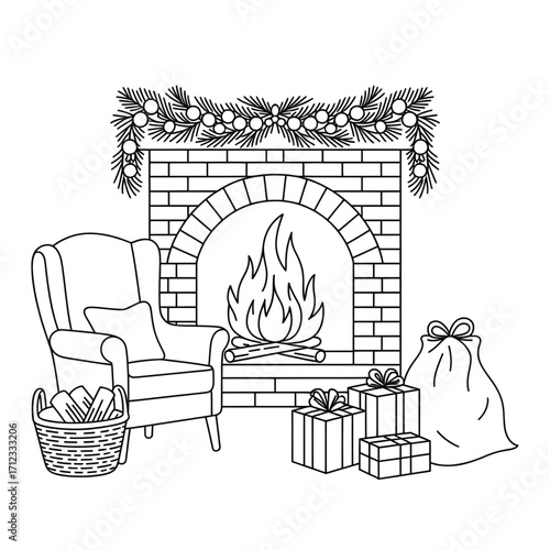Cozy Fireplace Scene with Gifts and Basket - Festive Holiday Decoration Illustration Coloring page