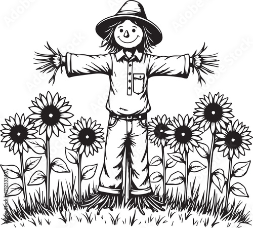 Smiling Scarecrow Amongst Sunflowers: A delightful black and white illustration of a cheerful scarecrow stands serenely amidst a vibrant field of sunflowers. capturing the essence of harvest time.