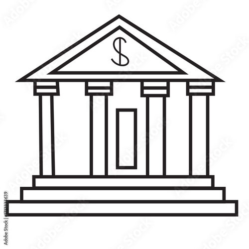 Black and White Outline of a Classical Building Representing Line Art Representation of a Bank, Symbolizing Stability, Security and symbolizing finance, banking, and economic institutions.