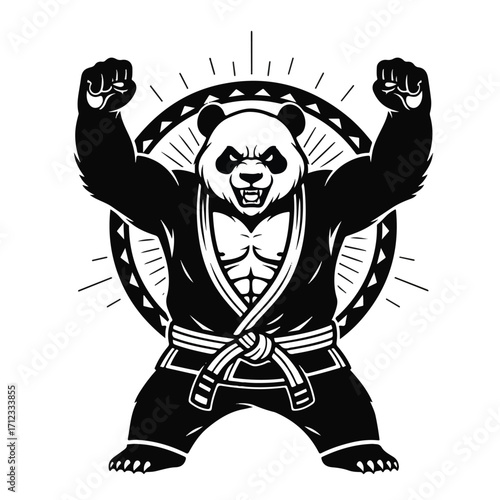 A muscular panda bear wearing a martial arts gi, standing triumphantly with fists raised against a sunburst circle.