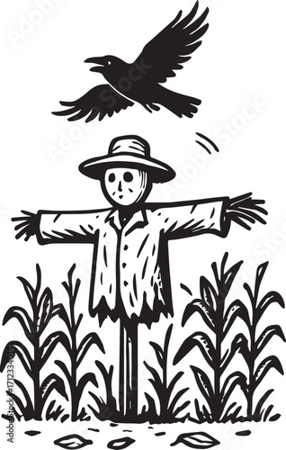 Spooky Sentinel in the Cornfield: A meticulously crafted illustration depicts a classic scarecrow standing watch over a lush cornfield, with a raven soaring overhead.