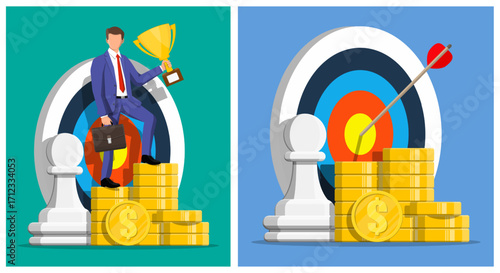 Man holding gold trophy, standing on coin stacks with target board. Achieving business goal and financial success concept illustration.