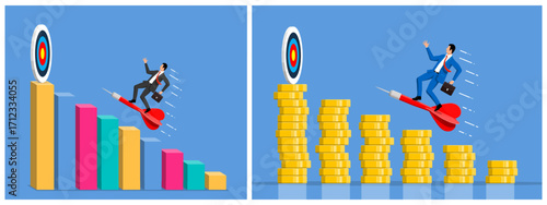 Man on dart falling from business graph with target. Businessman flying up on dart over increasing coin stacks reaching target. Goal achievement concept.