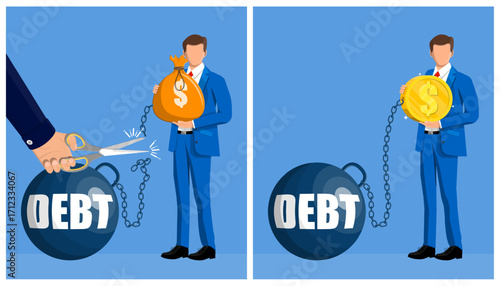 Man freeing himself from debt financial burden by cutting chain with scissors while holding money bag. Debt relief concept.