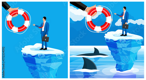 Hand offering lifebuoy to man on iceberg. Business help and assistance concept. Metaphor for financial crisis support.