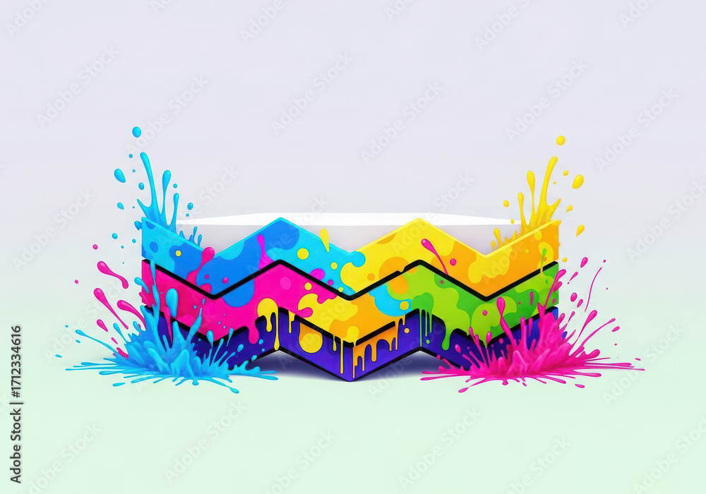 Fototapeta premium Colorful paint splashes on a zigzag podium with white background