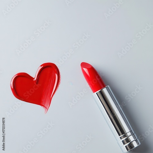 A vibrant red lipstick next to a heart-shaped swatch of lip color, set against a light background, representing beauty and self-expression.