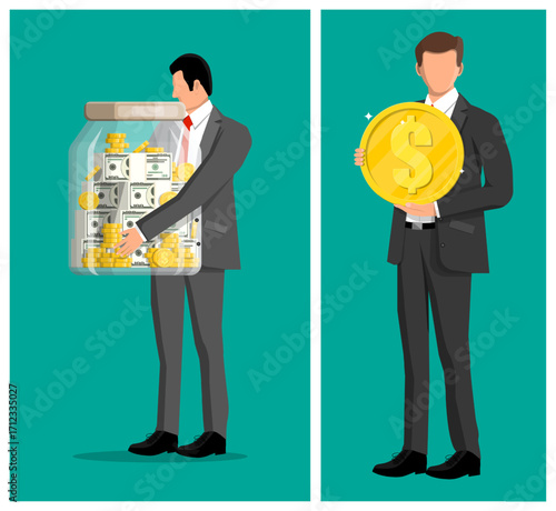 Businessman holding giant money jar and another man holding huge golden coin. Concept of saving money, successful investment, wealth strategy.