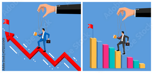 Man puppet walking on upward arrow and bar chart manipulated by a giant hand. Concept of business control and corporate hierarchy.