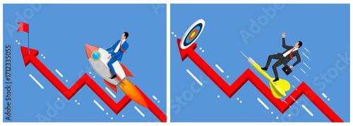 Businessman on rocket aiming for success and another businessman falling on a dart. Business growth and risk concept. Vector illustration.
