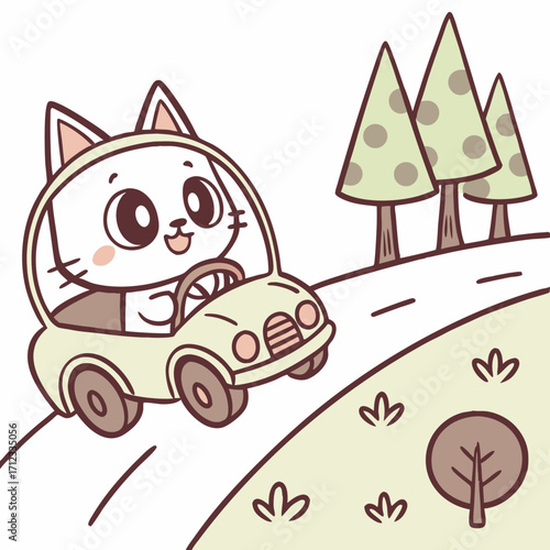 cute cat chibi driving a car