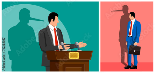 Man speaker in suit gives a fake speech at a podium with a long nose shadow, with a man holding a briefcase next to him. Political lie concept.