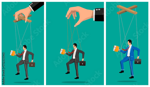 Man manipulated by controlling hand like a puppet. Concept of control, manipulation, and powerlessness in business and life.