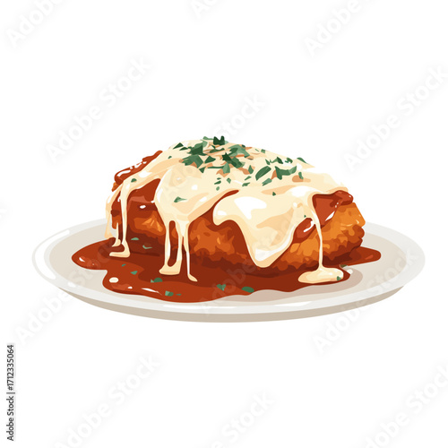 Chicken Parmigiana, 2D flat vector illustration in icon style, isolated on a white background