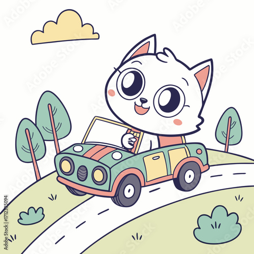 cute cat chibi driving a car