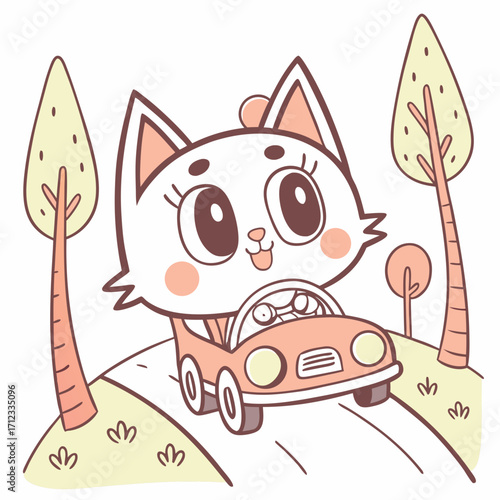 cute cat chibi driving a car