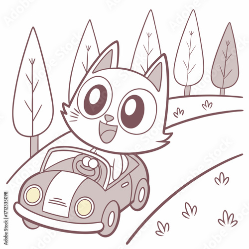 cute cat chibi driving a car